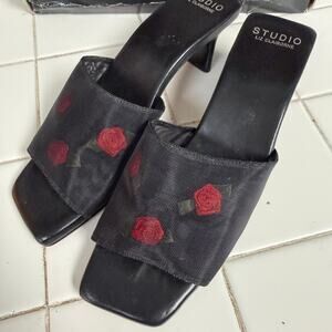 VTG Liz Claiborne Y2K Square Toe Black Mesh Rose Slide Heel Size 6 Coquette Edge